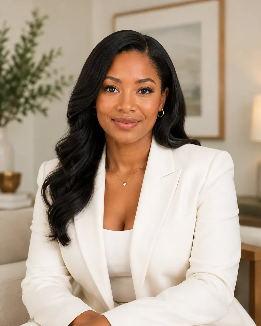 Candace Frazier in an ivory blazer