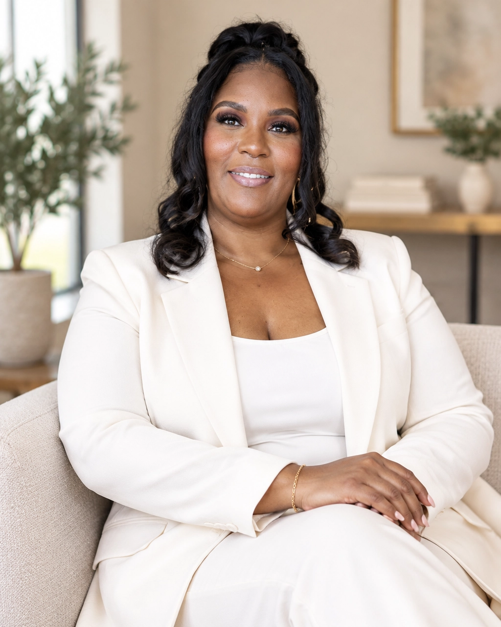 Candace Frazier in a tailored ivory blazer